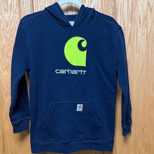 Carhartt Kids Navy Hoodie with Bright Green Logo size Large 14/16